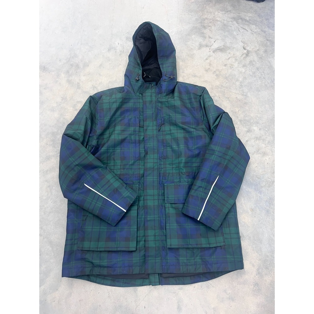 Lands' End Squall Parka Jacket Mens Large Green Blue Plaid Hooded Waterproof NWT